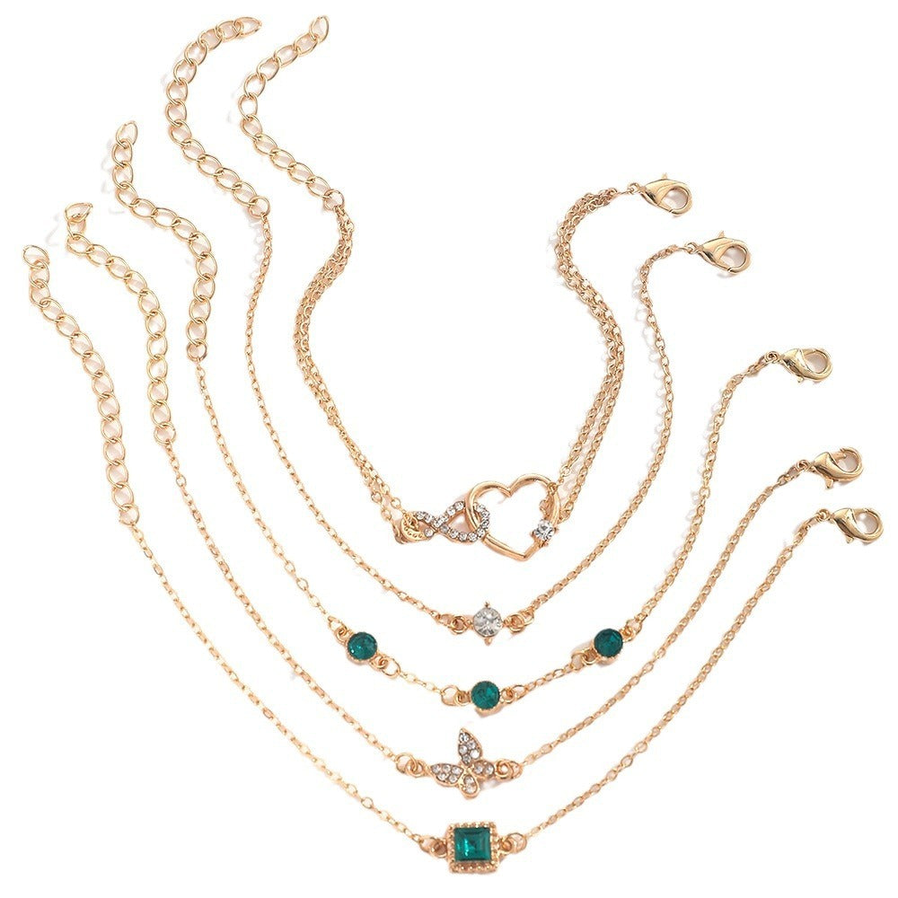 Bohemian 5pc Green Crystal Bracelets Jewelry Set For Women Heart