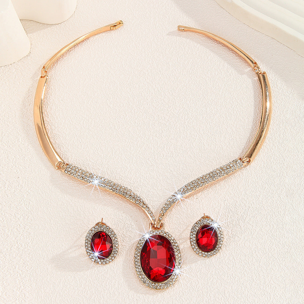 Gold Zinc Alloy Inlaid White Rhinestone Red Crystal Necklace