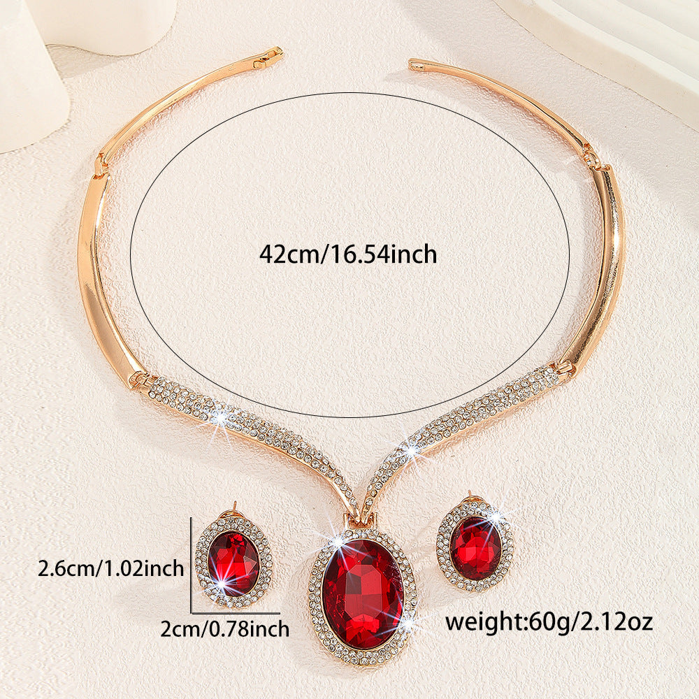 Gold Zinc Alloy Inlaid White Rhinestone Red Crystal Necklace