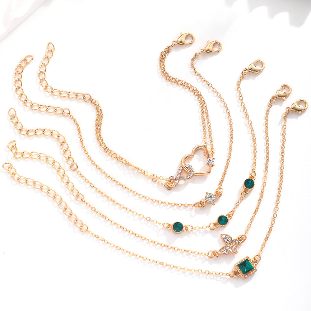 Bohemian 5pc Green Crystal Bracelets Jewelry Set For Women Heart