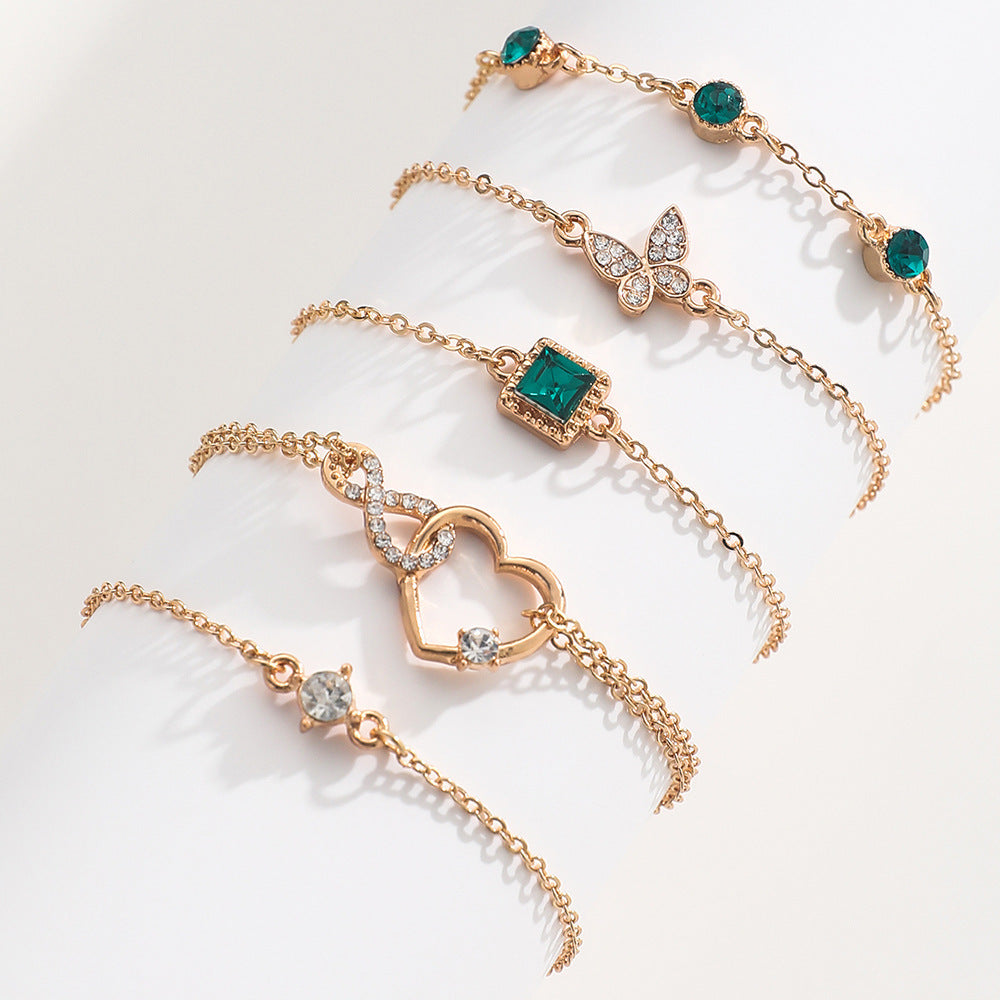 Bohemian 5pc Green Crystal Bracelets Jewelry Set For Women Heart