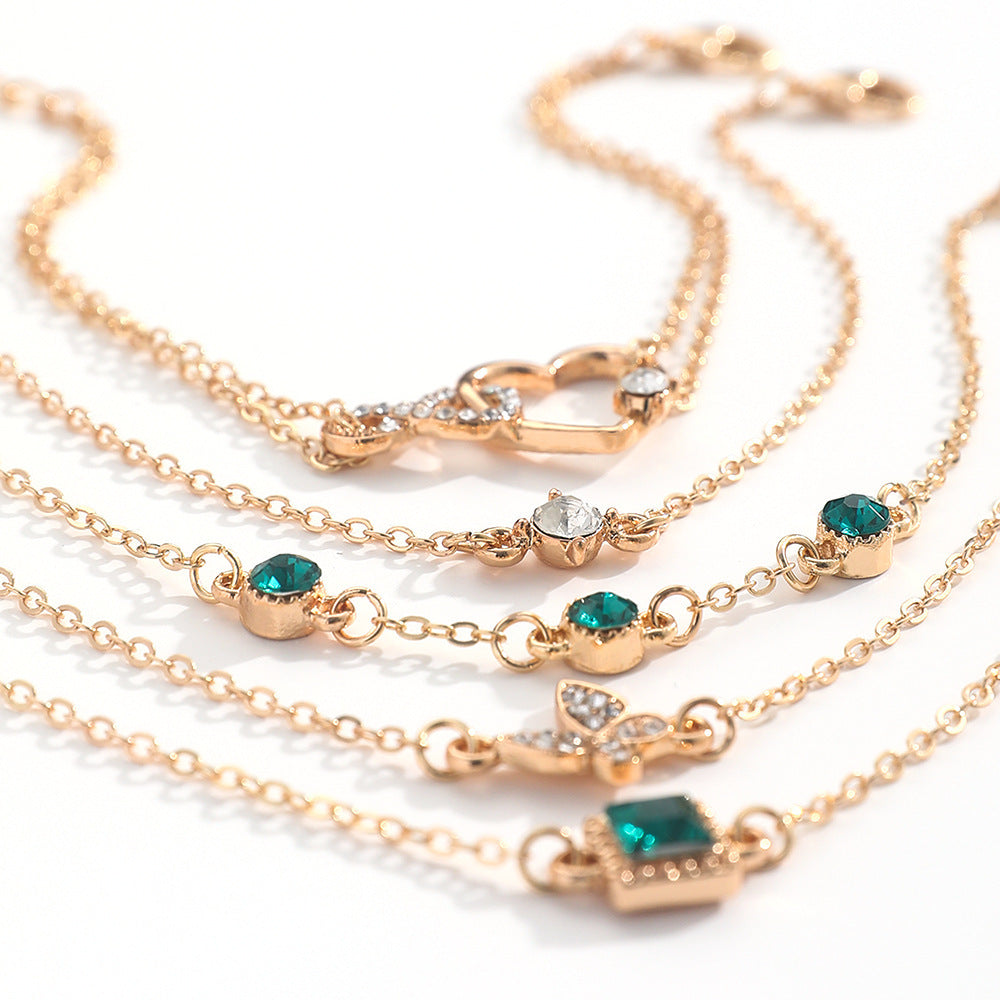 Bohemian 5pc Green Crystal Bracelets Jewelry Set For Women Heart