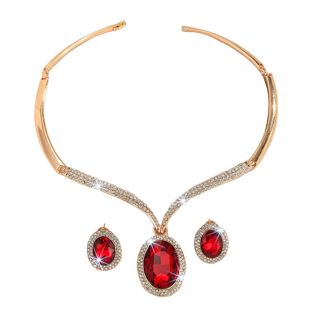 Gold Zinc Alloy Inlaid White Rhinestone Red Crystal Necklace