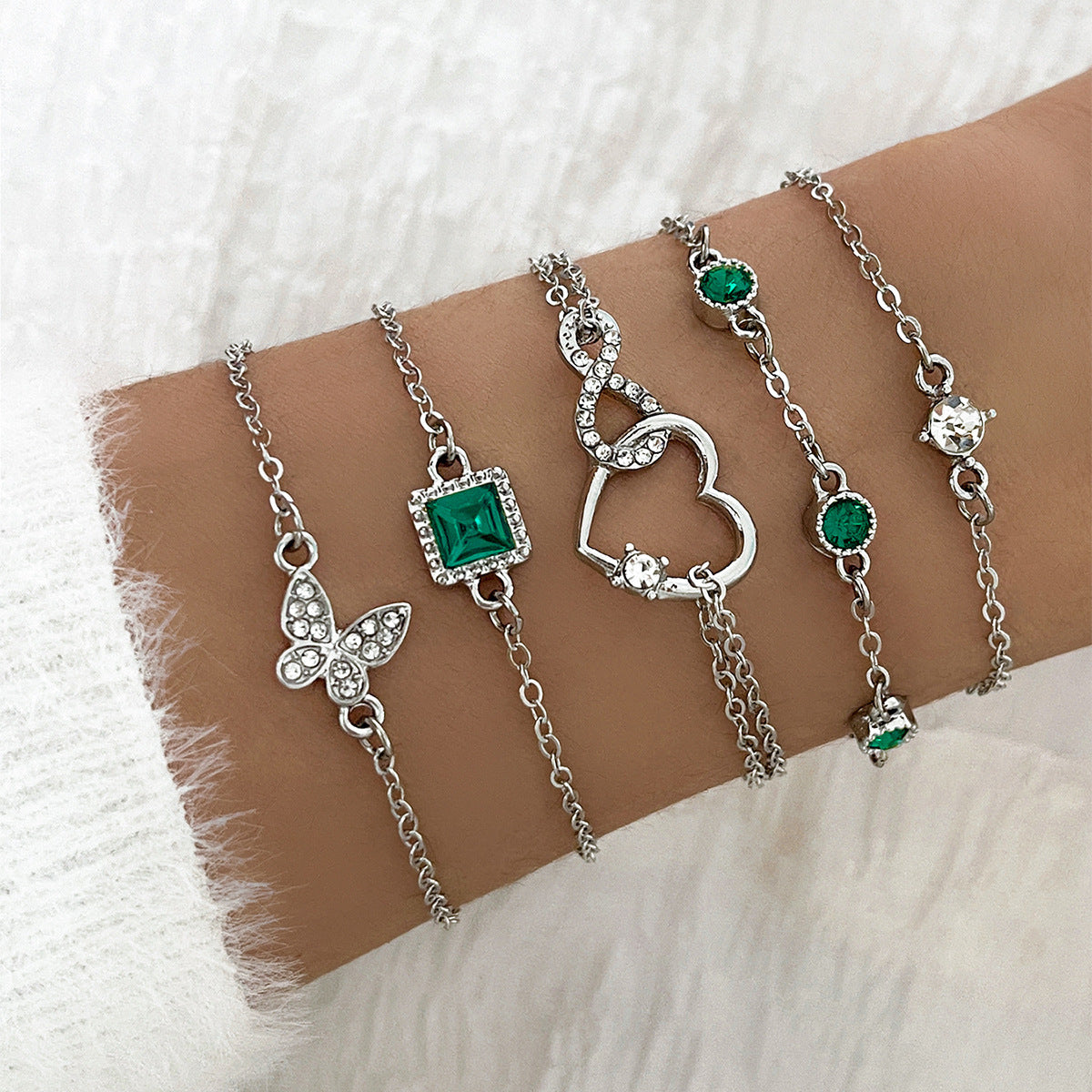 Bohemian 5pc Green Crystal Bracelets Jewelry Set For Women Heart