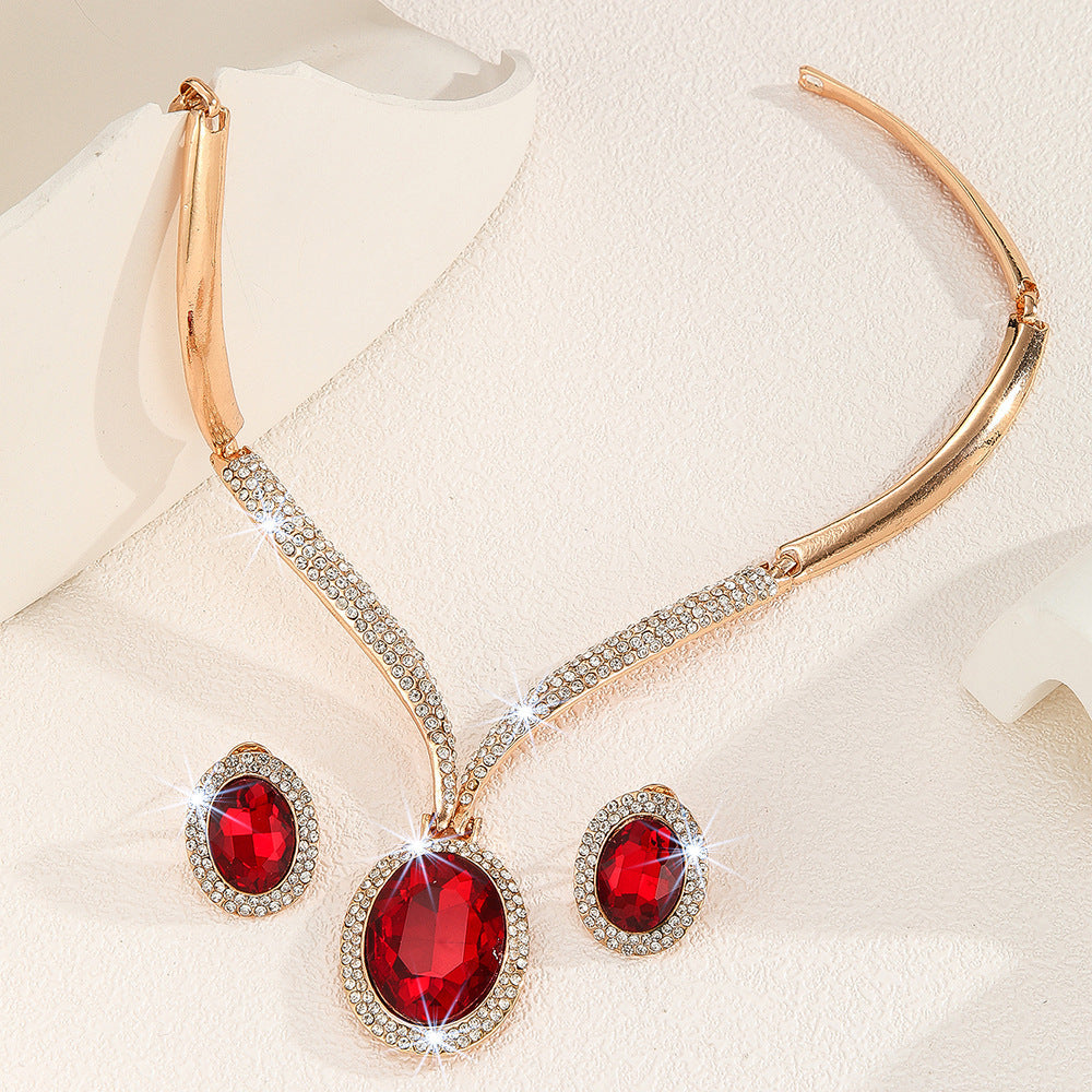 Gold Zinc Alloy Inlaid White Rhinestone Red Crystal Necklace