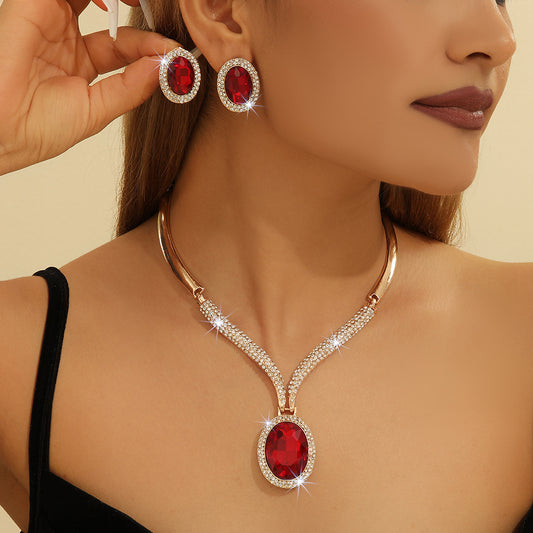 Gold Zinc Alloy Inlaid White Rhinestone Red Crystal Necklace