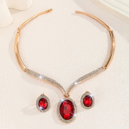 Gold Zinc Alloy Inlaid White Rhinestone Red Crystal Necklace