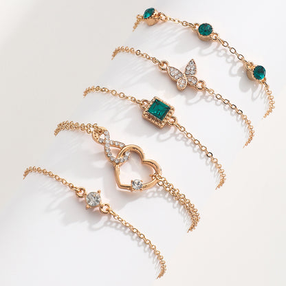Bohemian 5pc Green Crystal Bracelets Jewelry Set For Women Heart