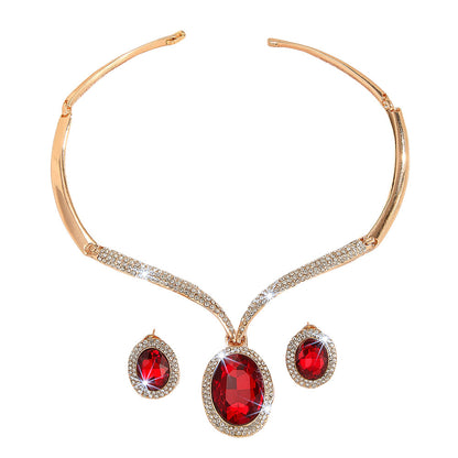 Gold Zinc Alloy Inlaid White Rhinestone Red Crystal Necklace